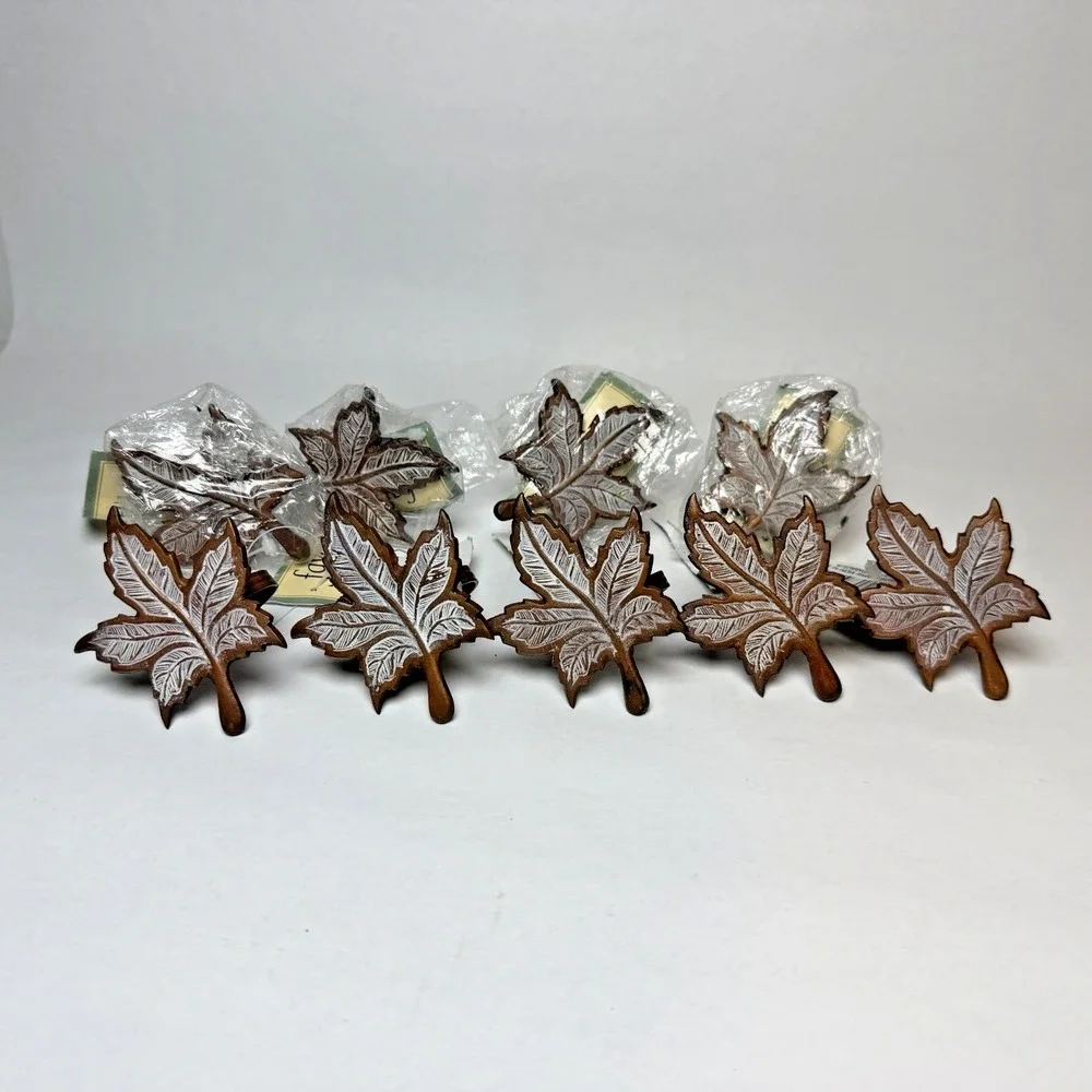 9 Favorite Things Copper White Washed Maple Leaf Napkin Rings w/Ribbed Loops New